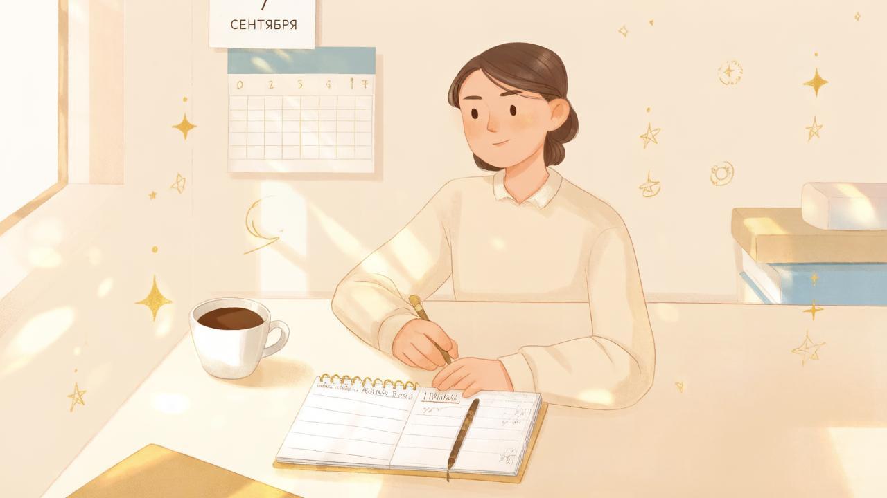 Понедельничное утро с чашкой кофе и ежедневником — иллюстрация к началу недели в гороскопе